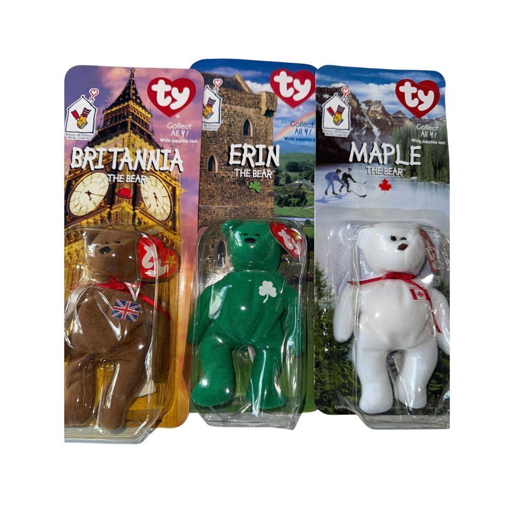 3 New 1999 McDonald‎ TY Beanie Babies Bears BRITANNIA, MAPLE & ERIN